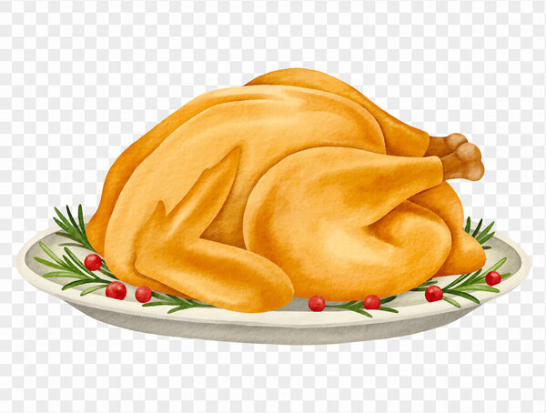 Акварель жареная индейка на тарелке для вектора на День благодарения.