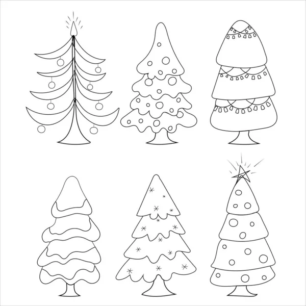 Set Weihnachtsbäume Handzeichnung Doodle Stil — Stockvektor