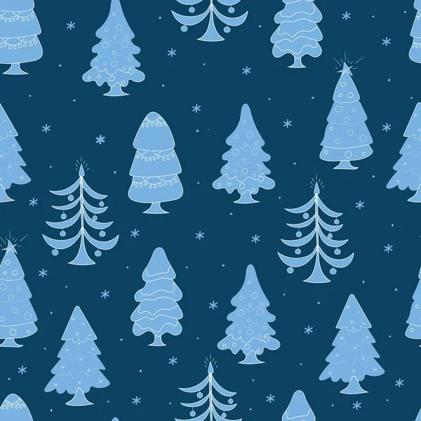 Seamless Pattern Blue Christmas Trees Decorated Ornaments Cute Holiday Print — Stock Vector