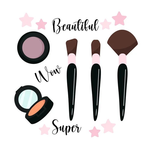 Conjunto Cosméticos Estilo Plano Conjunto Belleza Maquillaje Sombras Polvo Lápiz — Vector de stock