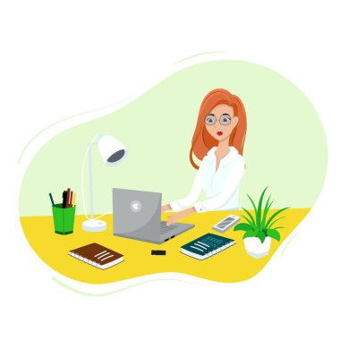 Ofiste çalışan bir kız, iş kadını, beyaz gömlekli güzel bir kadın, ofis çalışanı, düz stil vektör çizimi..