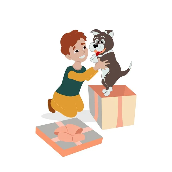 Junge Zieht Eine Welpen Geschenkschachtel Haustier Geschenk Für Baby Glückliches — Stockvektor