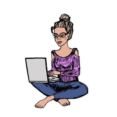 Kafasında kiriş olan bir kız bilgisayarın başında oturuyor, kendi kendini geliştirmeye çalışan şık bir kadın, karalama tarzı el çizimi vektör çizimi..