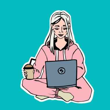 Kavram çıkartması - İnternet 'te çalış ve çalış, dizüstü bilgisayarda çalış, çalış, çalış ve evde çalış, karalama stilinde vektör çıkartması.