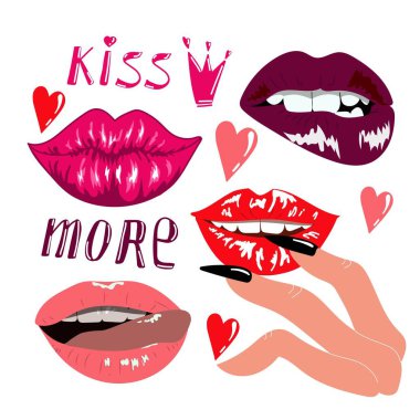 Dudak ve çilek koleksiyonu, simli pembe ve kırmızı dudaklar, iştah açıcı kırmızı çilekler, yapıştırma koleksiyonu, öpücüklerin vektör seti..