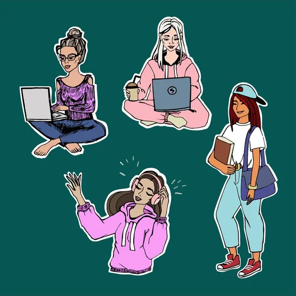 Sammlung Von Aufklebern Mit Studentinnen Weiblichen Figuren Die Mit Laptop — Stockvektor