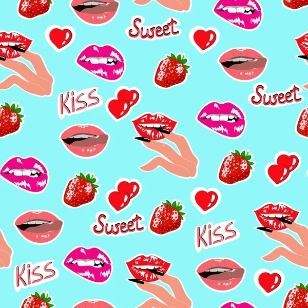 爪の長い女性の唇と指のパターン イチゴと描かれた唇とベクトルシームレスパターン 明るい夏のパターン — ストックベクタ