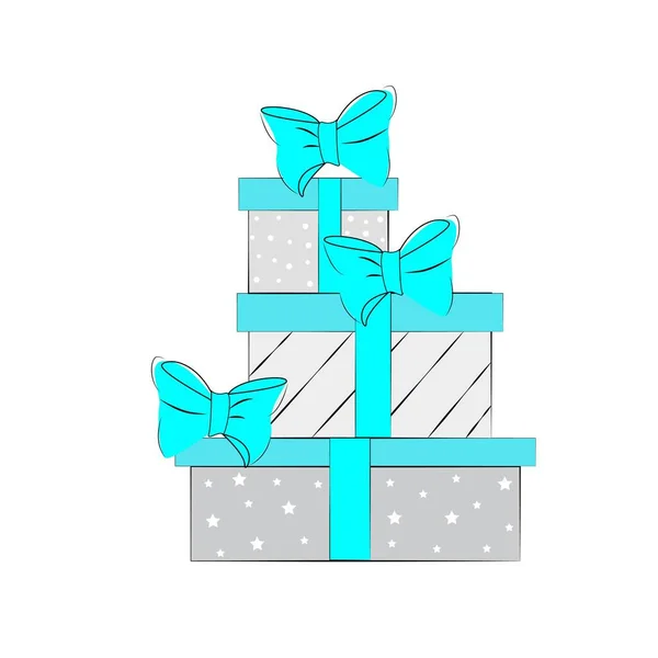 礼品盒的金字塔 用蓝色蝴蝶结包裹和捆扎的礼品盒 冬季假期的病媒图解 特殊节日的礼物 — 图库矢量图片