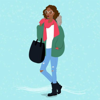 Yeşil ceketli şık bir kız, şık bir saç stili, mercan eşarp ve eldiven atkısı, beyaz gözlük, aşınmalı kot pantolon, vektör deseni..