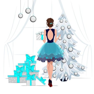 Kış tatili için tebrik kartları, mutlu noeller ve mutlu yeni yıllar, zarif giyimli kız Noel ağacını süslüyor, güzel kızların Noel ağacını süslediği moda illüstrasyonları, vektör dairesi.