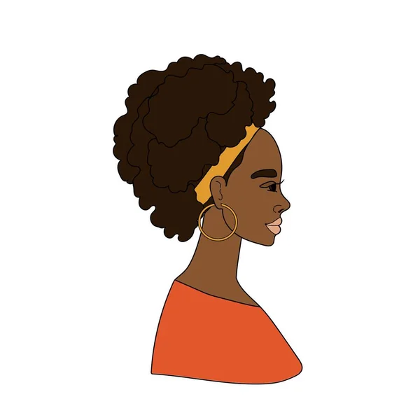 Kıvırcık saçlı siyah bir kızın profili, sevimli siyah bir kadın, Afro, bir kız için Avatar, genç bir kadın, beyaz bir arka planda vektör resmi, karalama tarzı, el çizimi.