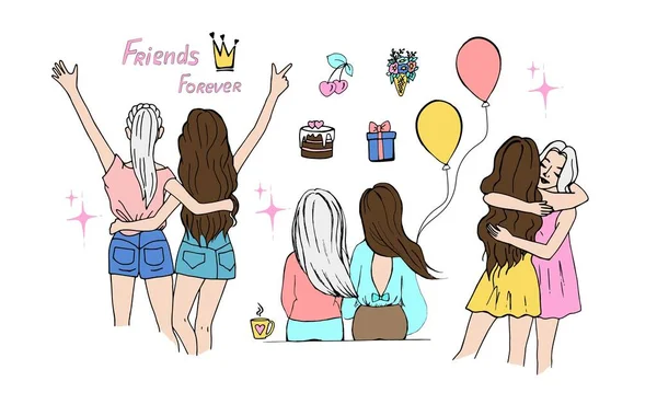 Female Friendship Concept Set Girls Friends Different Poses Doodle Style — Stock Vector