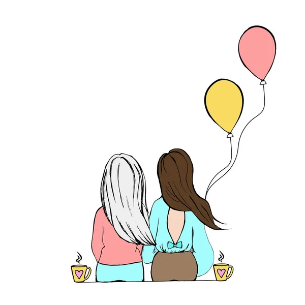 Sarışın ve esmer, seni gördüğüme sevindim. Arka manzara, el hareketleri, şık piliçler, iki kız arkadaş, kız kardeş günü kartı, genç güzel kadınlar, el çiziminin vektör çizimi, Doodle tarzı..