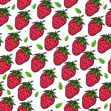 Kırmızı olgun çilekli kusursuz desen, yaz mevsimi meyveleri, meyve deseni, sulu kırmızı çilekler, karalama stilinde vektör çizimi.