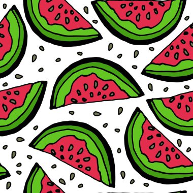 Karpuz dilimli kusursuz desen, yaz mevsimi meyveleri, meyve izi, sulu kırmızı karpuz, karalama stilinde vektör çizimi.