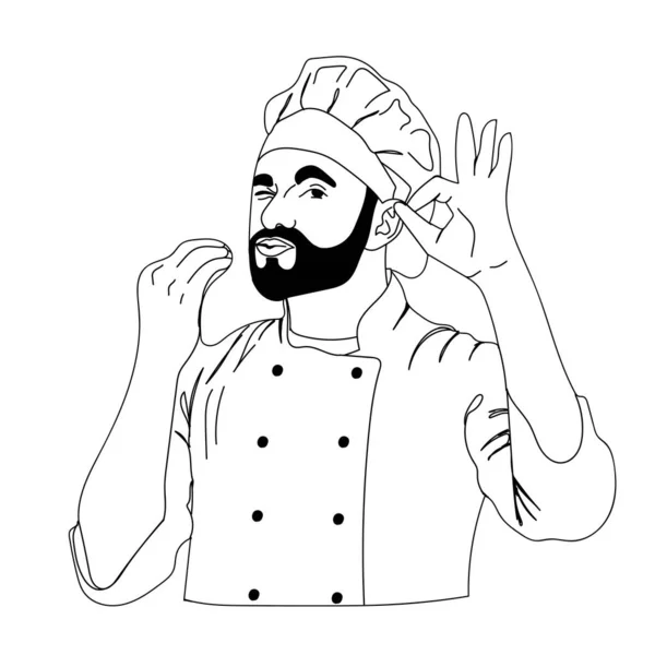 餐厅厨师 穿着工作服的厨师都会摆出手指头的姿势 好吃极了 用涂鸦式的矢量画图 — 图库矢量图片