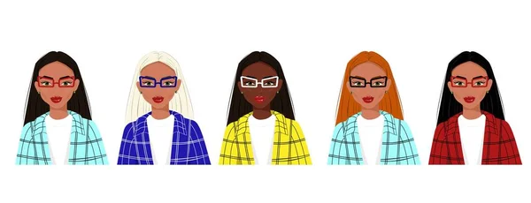 Set Avatars Beautiful Girls Girls Different Skin Color Glasses Checkered — Stock Vector