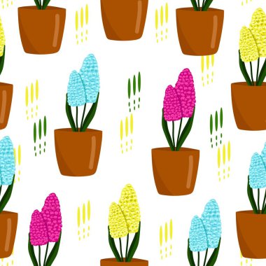 Sümbüllü kusursuz çiçek deseni, tatlı yay deseni, saksıda çiçekler, çizgi film tarzında vektör illüstrasyonu..