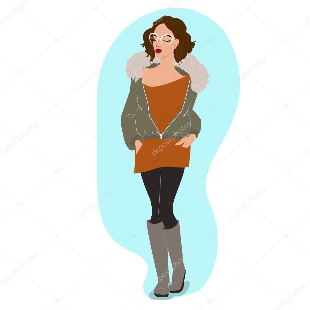 Stylish girl in a green down jacket with a bag, fashionable hairstyle, coral scarf and gloves scarf, white glasses, blue jeans with abrasions, vector fashion illustration