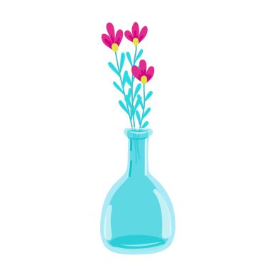 Flowers in a tall glass vase, glass jug, delicate purple small flowers, spring flowers, vector illustration in cartoon style, flat.