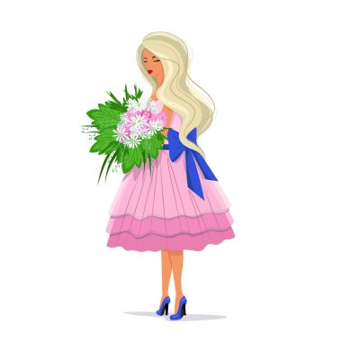 Girl in a pink dress holding a lush bouquet of daisies in her hands, long blond hair fluttering in the wind, vector in flat style, cute spring illustration