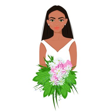 Girl in white with a bouquet of flowers in her hands, pretty afro woman with makeup, beautiful female avatar, vector illustration in flat style.
