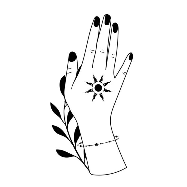 Handgezeichnete Hand mit Magischen Symbolen, Magische astrologische Symbole Vektorillustrationen. Kann Tattoo-Design, mystische esoterische Symbol verwenden. lizenzfreie Stockillustrationen