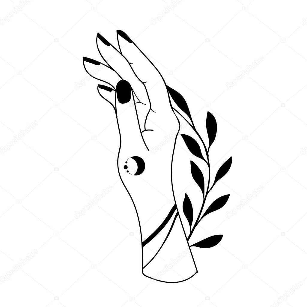 Hand drawn hand with Magic Symbols, Magic astrological symbols vector illustrations. Can use Tattoo design, mystic esoteric symbol