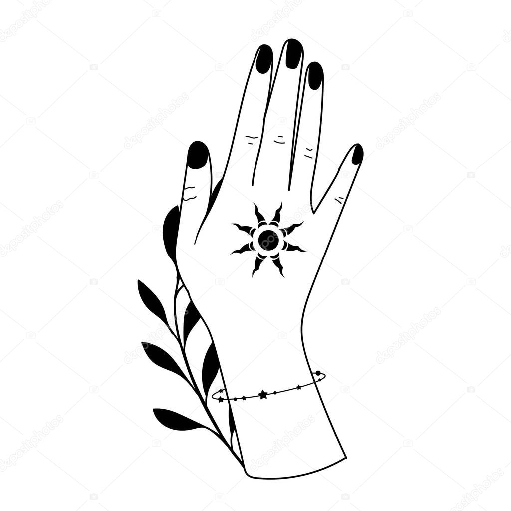 Hand drawn hand with Magic Symbols, Magic astrological symbols vector illustrations. Can use Tattoo design, mystic esoteric symbol.
