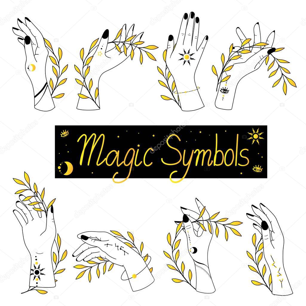 Set of alchemy esoteric mystical magic celestial talisman with woman hands, sun, moon, stars sacred geometry isolated. Spiritual occultism object. Vector illustrations in black outline style.