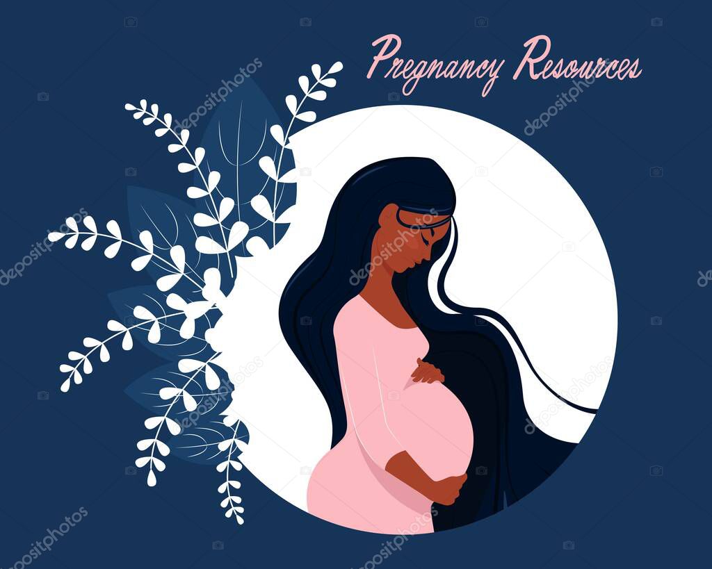 Happy pregnant woman holding her belly, Cartoon healthy mother with long hair holds her hands on her stomach with baby,Young woman expecting a baby, Flat cartoon vector illustration