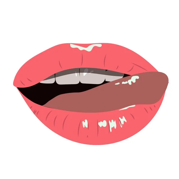 Verleidelijke vrouwelijke lippen beschilderd met roze glans, sexy tong, vector clip art in platte stijl — Stockvector