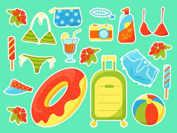 Grote zomer set van vakantie items stickers voor meisjes dagboeken, set van zomer dingen, vector illustratie in platte stijl, cartoon. — Stockvector