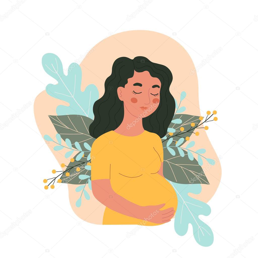 Happy pregnant woman holding her belly, Cartoon healthy mother with long hair holds her hands on her stomach with baby,Young woman expecting a baby, Doodle vector illustration