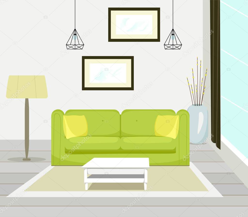 Interior of modern living room with sofa furniture, table, floor lamp, large window, wall painting, vector illustration in flat style