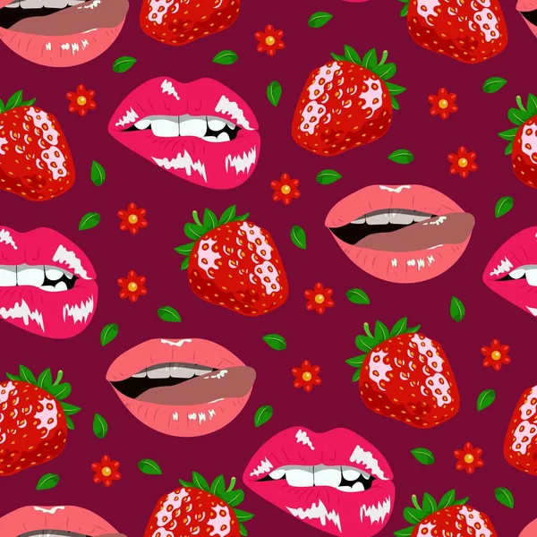 赤いイチゴの舌のシームレスなパターンを持つセクシーな唇、セックスショップアクセサリーのためのエロティックなプリント、口紅で描かれた官能的な唇、フラットスタイルのベクトルイラスト — ストックベクタ