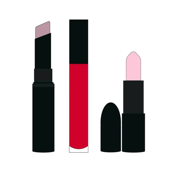 Collection de différents rouges à lèvres, rouge à lèvres paillettes, rose classique et beige, clip art vectoriel sur fond blanc — Image vectorielle