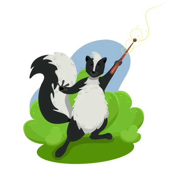 Cute funny skunk holding a magic wand, wild animals, vector character in cartoon style, clip art on a white background — Stock Vector