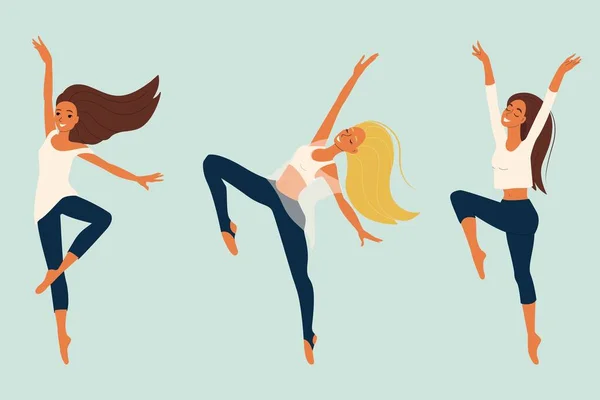 Chica joven bailando danza moderna, bailarina en pose elegante, conjunto de personajes femeninos en estilo de dibujos animados, ilustración vectorial, aislar — Archivo Imágenes Vectoriales
