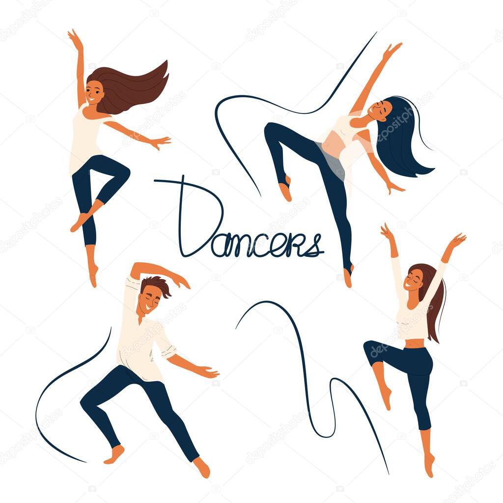Dancers, cheerful people dancing, girls and boy engaged in modern dance, vector set of cartoon characters, flat people isolates