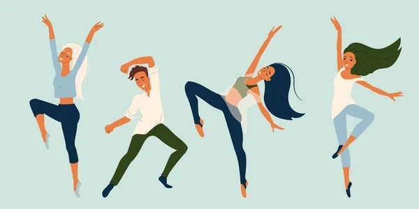 Kız ve erkek dansçılar farklı pozlarda, düz stil vektör karakterler, modern dansçılar koleksiyonu.