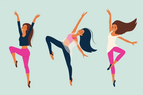 Menina dançando dança moderna, dançarina em pose graciosa, conjunto de personagens femininas em estilo cartoon, ilustração vetorial, isolar —  Vetores de Stock