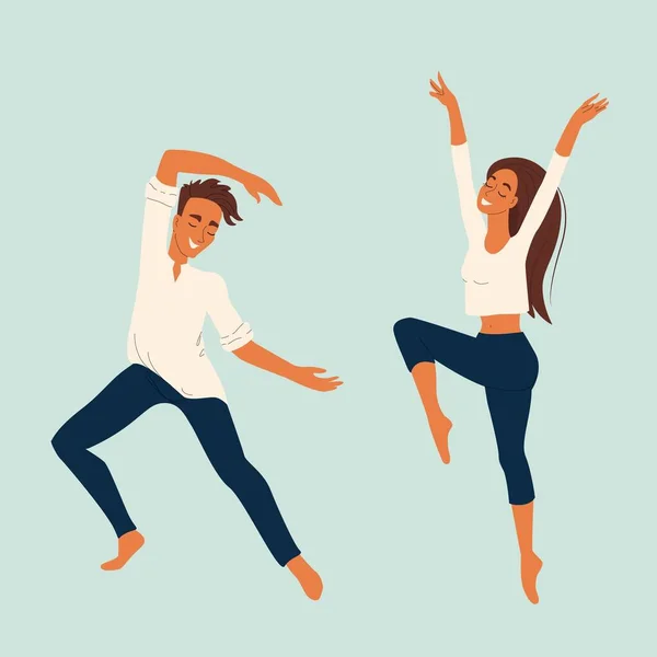 Zwei junge Tänzer Typ und Mädchen, Vektor tanzende Charaktere in flachem Stil, Set von Tänzern — Stockvektor