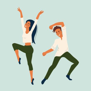 İki genç dansçı erkek ve kız, vektör dansı karakterleri düz stil, dansçılar seti