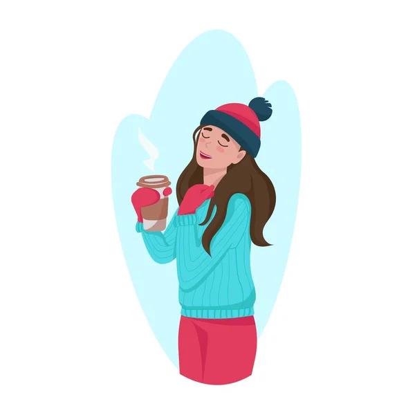 Glückliches Mädchen mit Wintermütze und Fäustlingen, die Kaffee halten und das Leben genießen, Wintercharakter, Vektor-Illustration auf weißem Hintergrund in flachem Stil, isolieren — Stockvektor