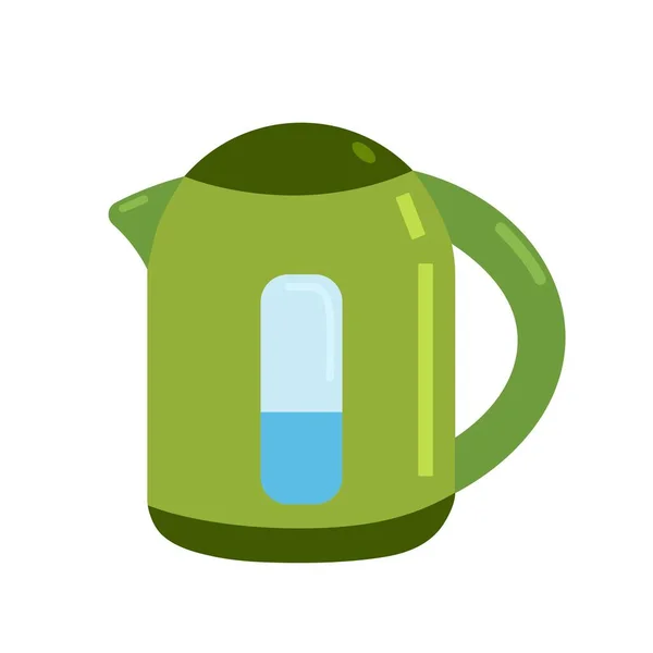 Кухня зелений електричний чайник, пристрій для кип'ятіння води, векторний кліпарт у плоскому стилі, ізольований — стоковий вектор