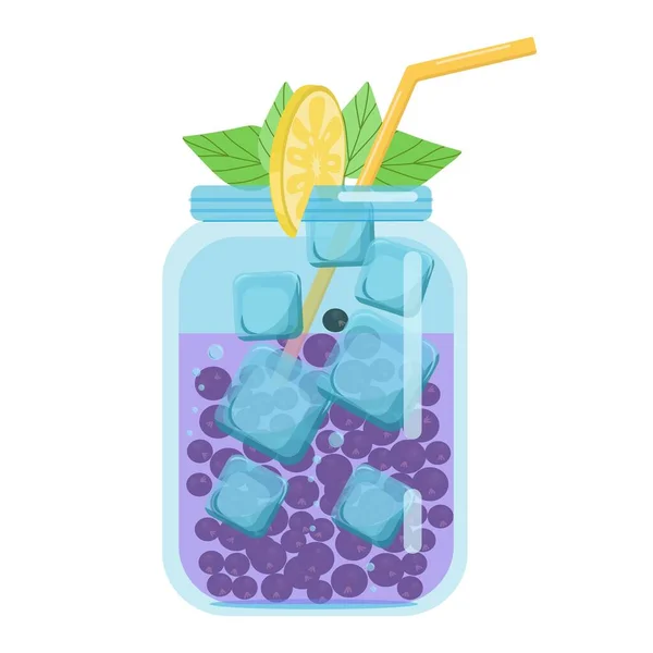 Soft drinks, fruit cocktails with black currants, carbonated soft drink in a glass jar, vector object in flat style on a white background — Vettoriale Stock