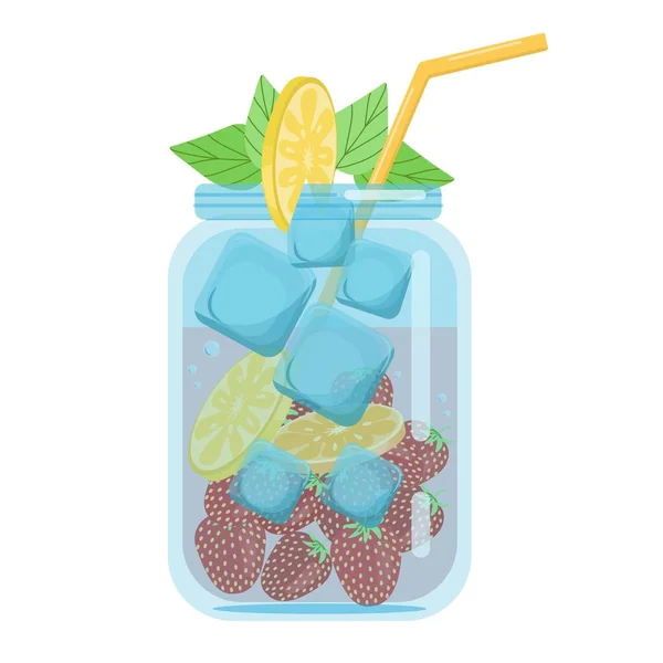 Soft drinks, fruit cocktails strawberries with orange, carbonated soft drink in a glass jar decorated with a slice of lemon, vector object in flat style on a white background — Vettoriale Stock