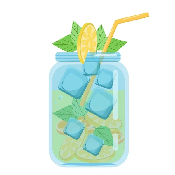 Refrescos, batidos de frutas con limón y menta, refresco carbonatado en un frasco de vidrio, objeto vectorial en estilo plano sobre un fondo blanco — Vector de stock