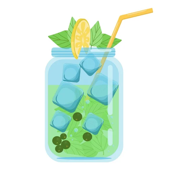 Erfrischungsgetränke, Fruchtcocktails mit Minze, kohlensäurehaltiges Erfrischungsgetränk in einem Glas mit Zitronenscheibe, Vektorobjekt in flachem Stil auf weißem Hintergrund — Stockvektor
